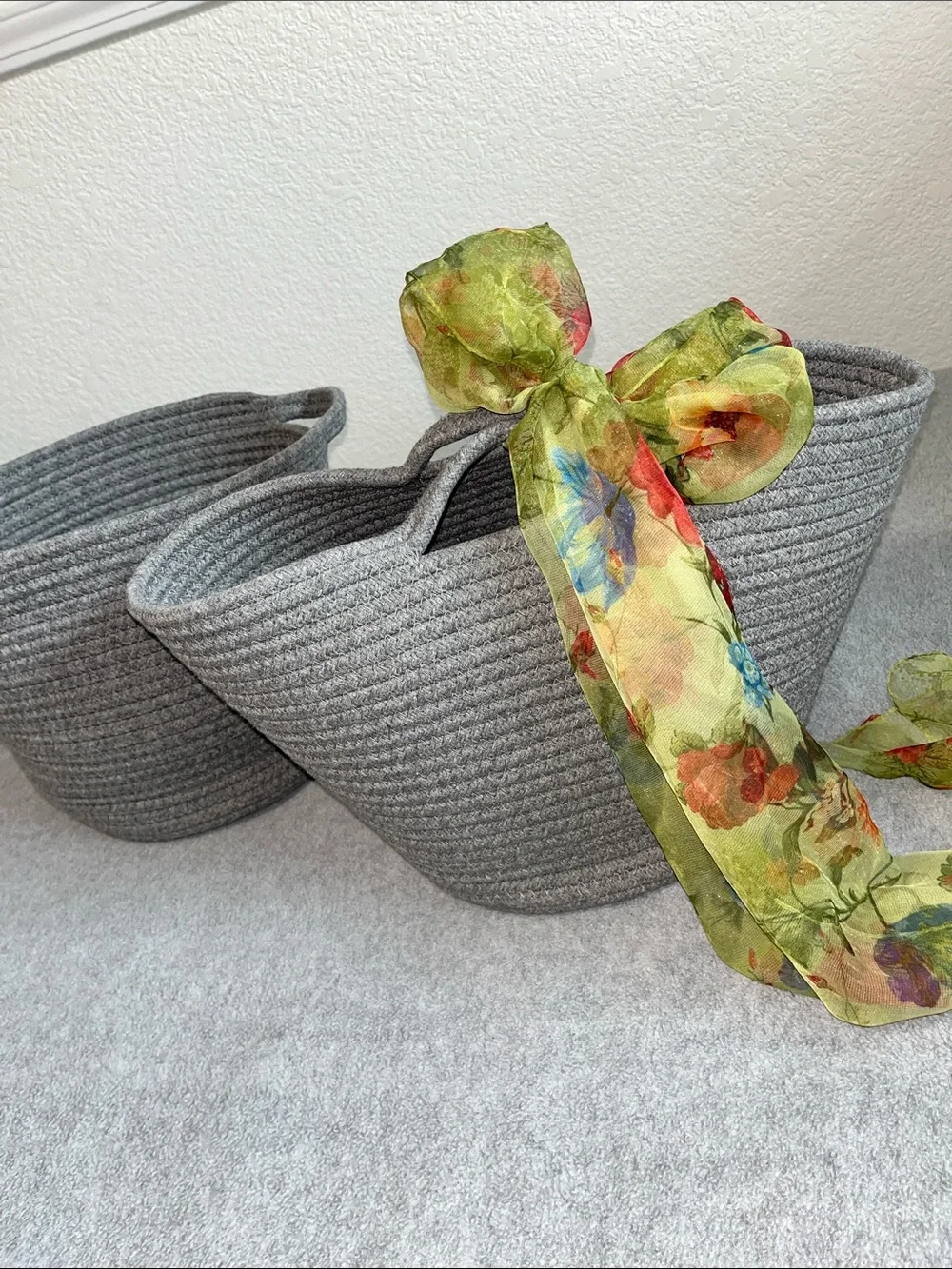 Round Yarn Basket Bundle Lot Gray Cottagecore Container Boho Bins